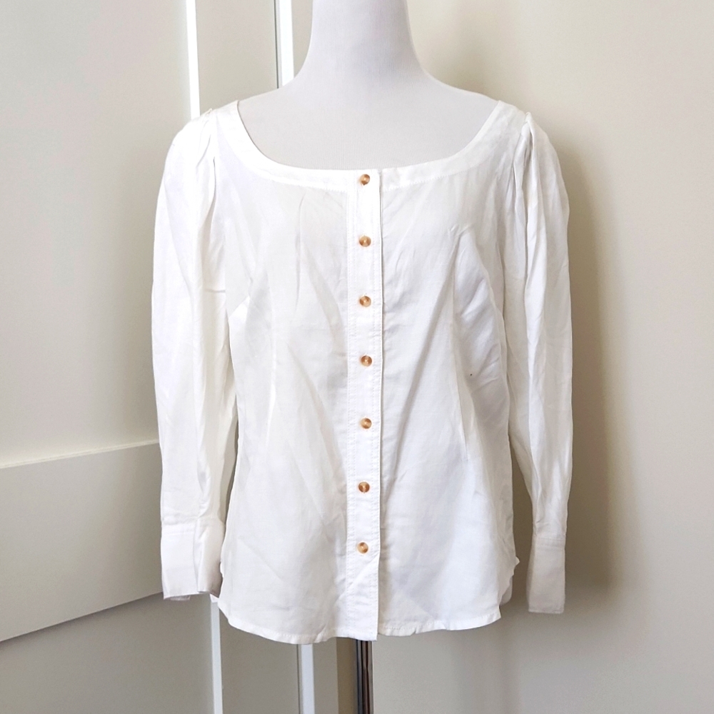 🤞NWT Anthropologie White puffed shoulder long-sleeved scoop neck blouse Size 4